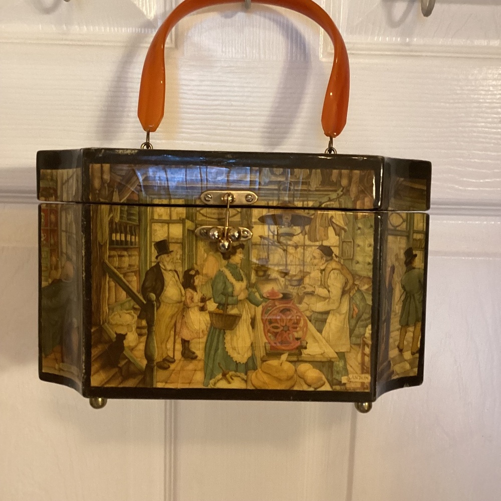 Beautiful vintage 60’s signed Anton Pieck decoupaged wooden purse, unusual shape